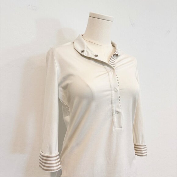 Akris Punto Snap Front Popover 3/4 Sleeve Polo Shirt Blouse Stripes Top White 10 - Picture 3 of 8